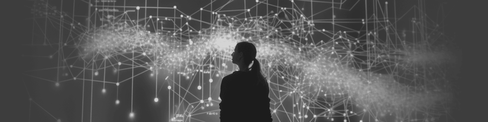 Monochrome banner with woman silhouetted against a constellation of lights representing digital connectivity.