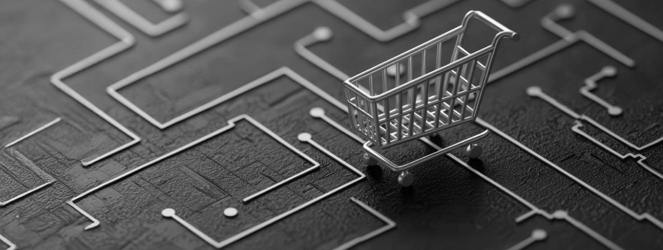 Monochrome banner with circuit board background, quote on AI marketplaces by 2028, and a metallic shopping cart icon.